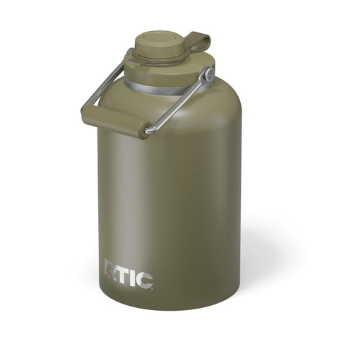 RTIC Outback Jug olive front view showing shape and powder coat finish for durable protection