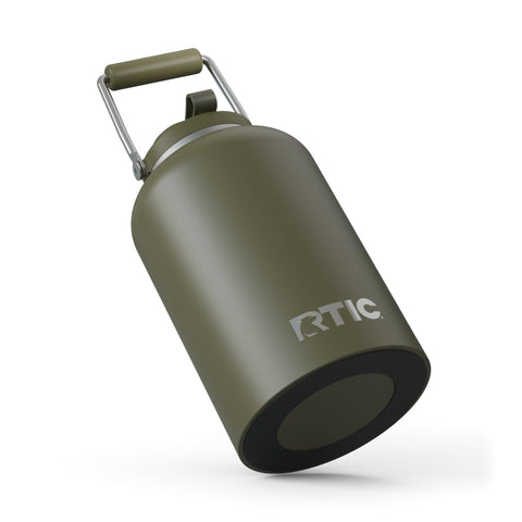 RTIC Outback Jug olive on campsite table demonstrating insulated hydration for groups
