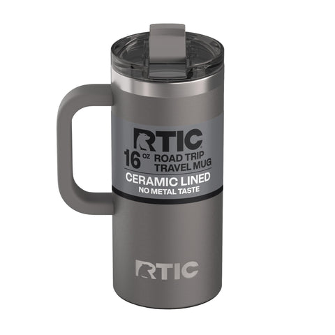 RTIC travel mug front view showing graphite finish and compact design benefits