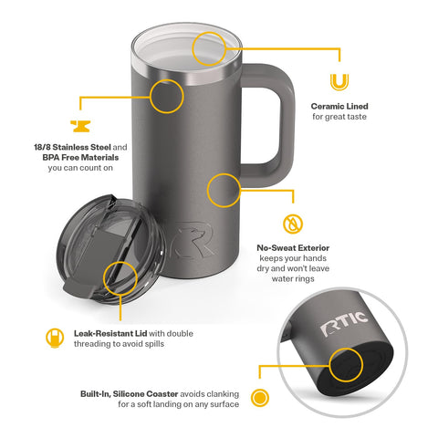 RTIC leak-resistant lid detail showing snap tab and secure seal benefit