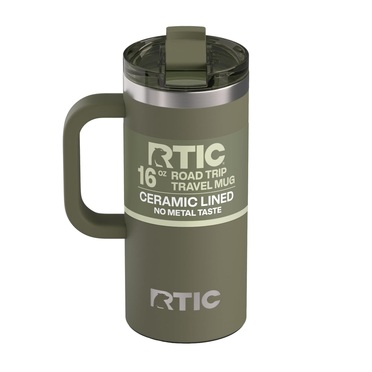 RTIC road trip travel mug front view showing olive finish and compact profile for portability