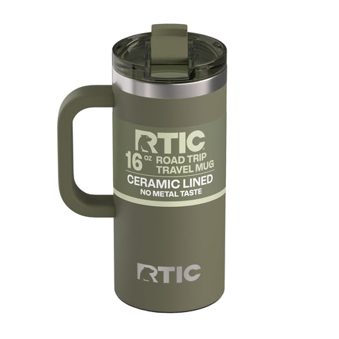RTIC road trip travel mug front view showing olive finish and compact profile for portability