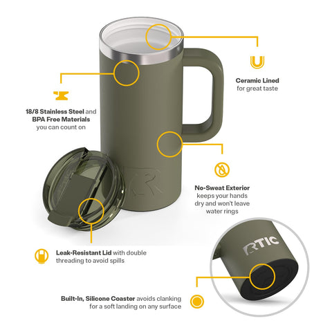 RTIC lid with leak-resistant snap tab and double-thread for secure, spill-reducing closure