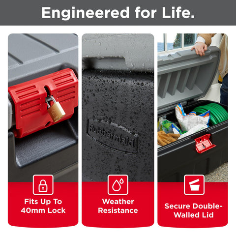 Rubbermaid Action Packer close-up of lockable latch benefit: keeps contents secure