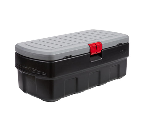 Rubbermaid Action Packer front view showing durable body and secure lid benefit: reliable storage