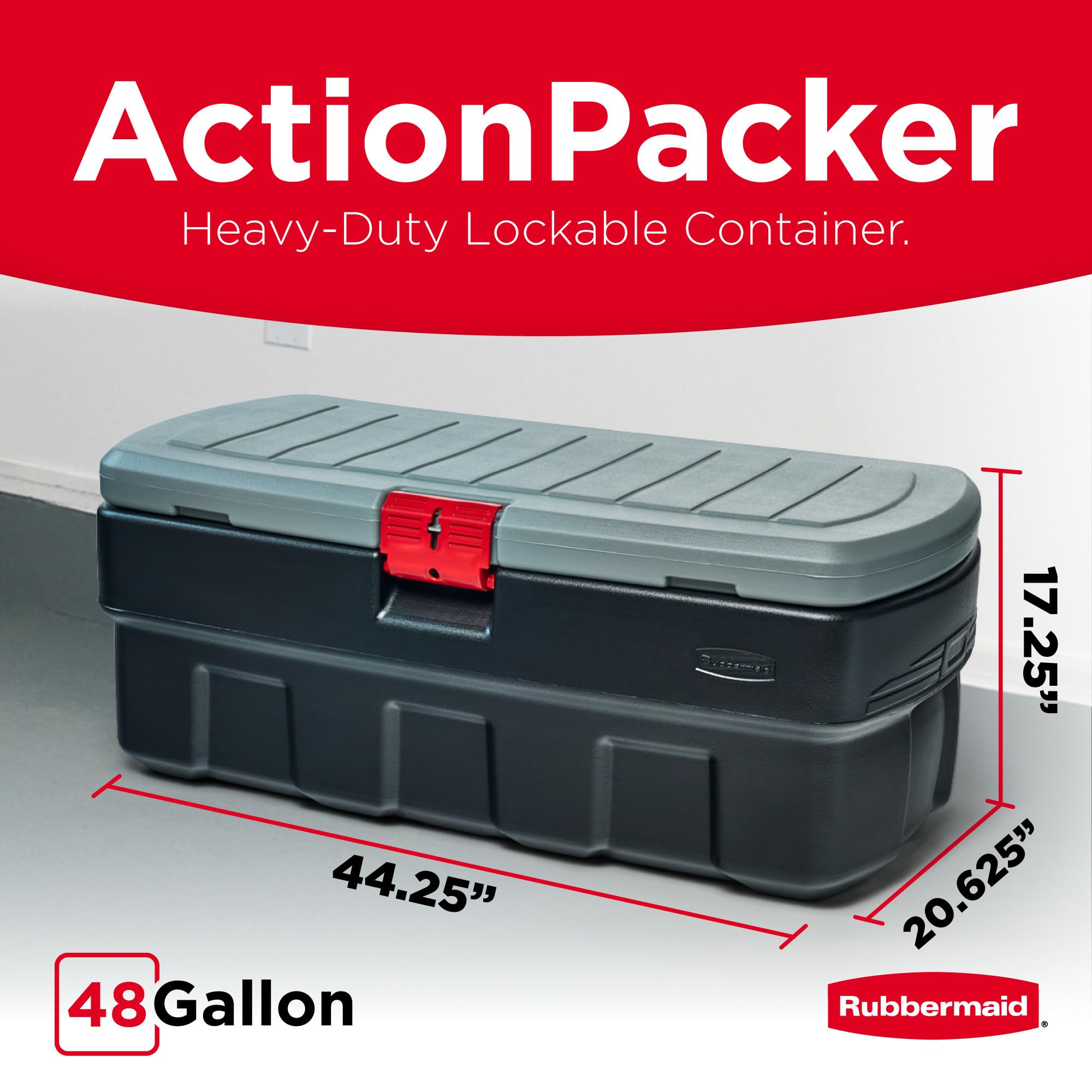 Rubbermaid Action Packer lid detail showing double-walled lid and water-shedding grooves benefit: moisture protection