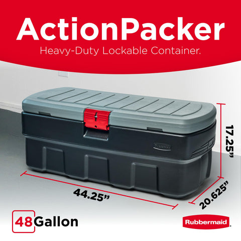 Rubbermaid Action Packer lid detail showing double-walled lid and water-shedding grooves benefit: moisture protection