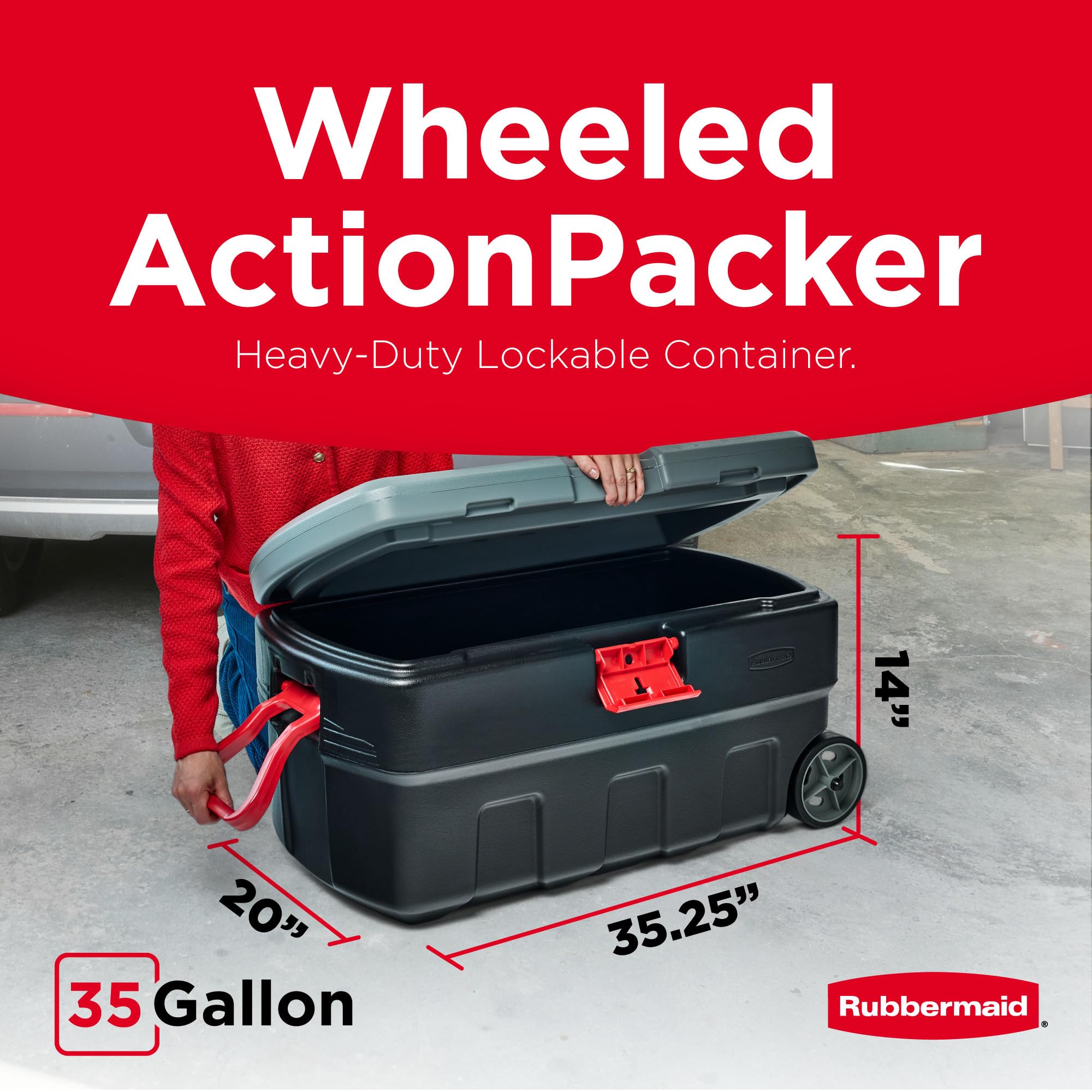 Rubbermaid ActionPacker close-up of double-walled lid shedding water and protecting contents