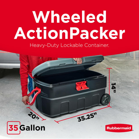 Rubbermaid ActionPacker close-up of double-walled lid shedding water and protecting contents