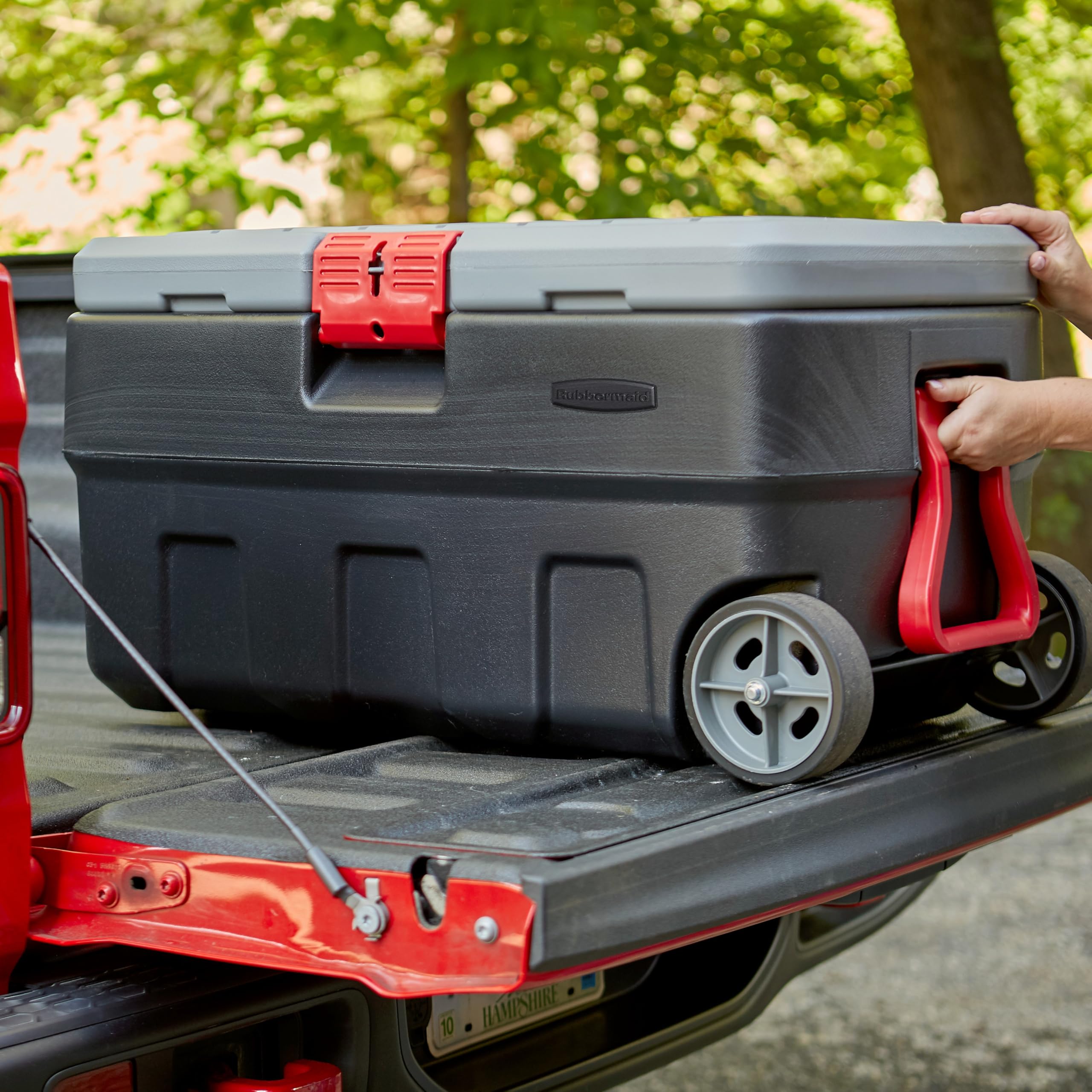 Rubbermaid ActionPacker used at campsite showing robust storage and organized gear transport
