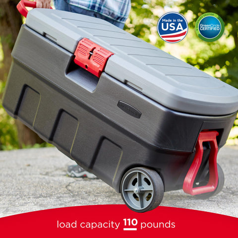 Rubbermaid ActionPacker stacked in truck bed demonstrating space-saving durability and stability