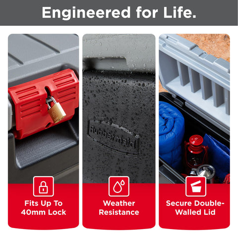 Rubbermaid ActionPacker wheel and molded handle detail for easier transport and maneuvering
