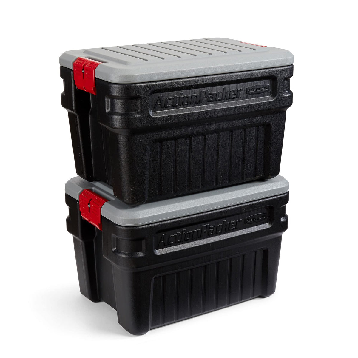 Rubbermaid ActionPacker front view showing durable exterior and secure lid benefit: visible protection