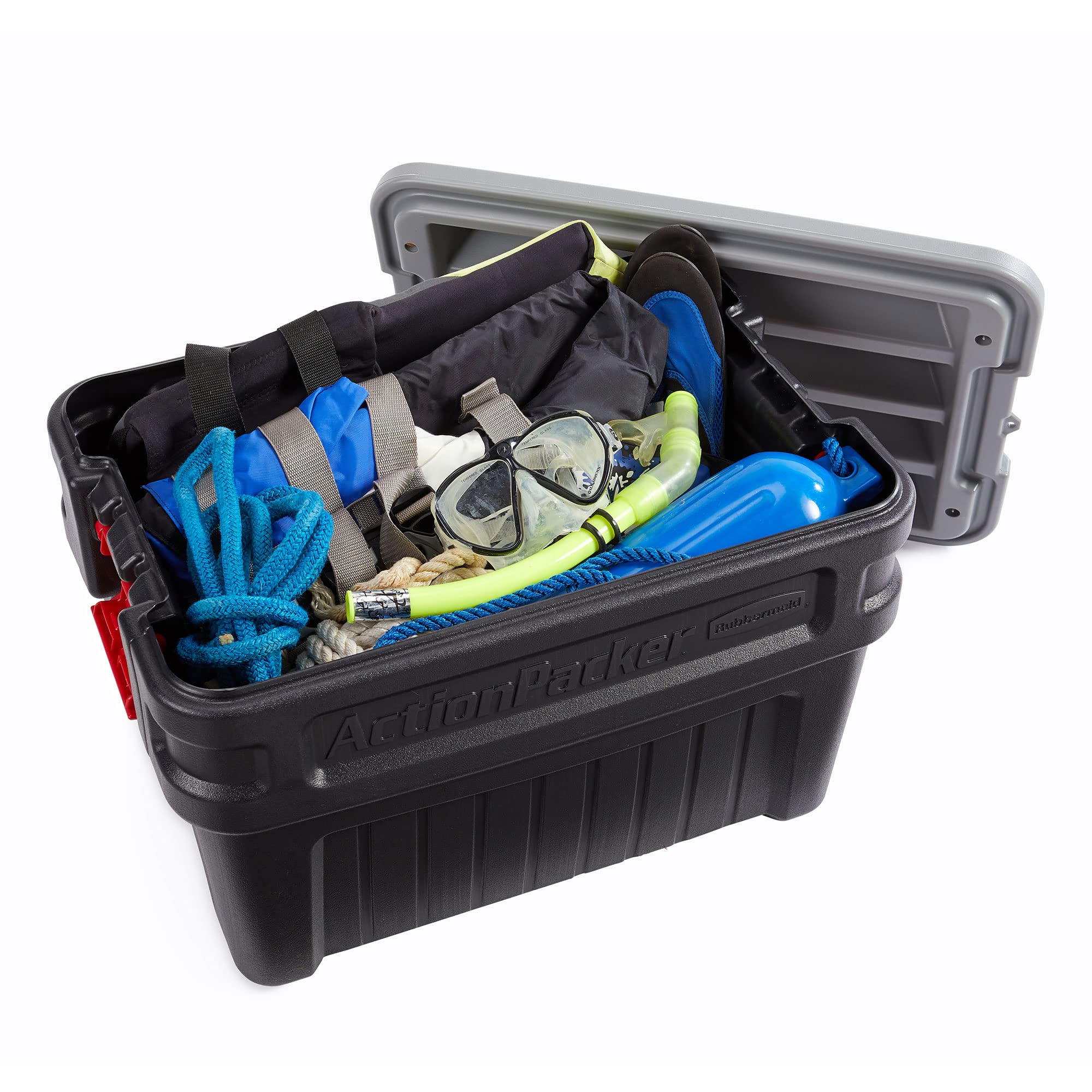 Rubbermaid ActionPacker loaded in truck bed showing transport-ready design for safe hauling