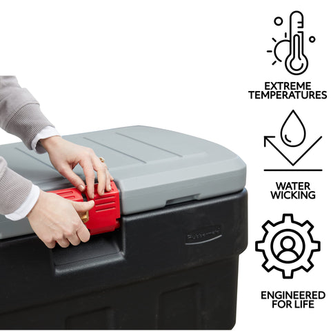 Rubbermaid ActionPacker secured in truck bed demonstrating transport stability