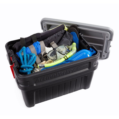 Rubbermaid ActionPacker loaded in truck bed showing transport-ready design for safe hauling