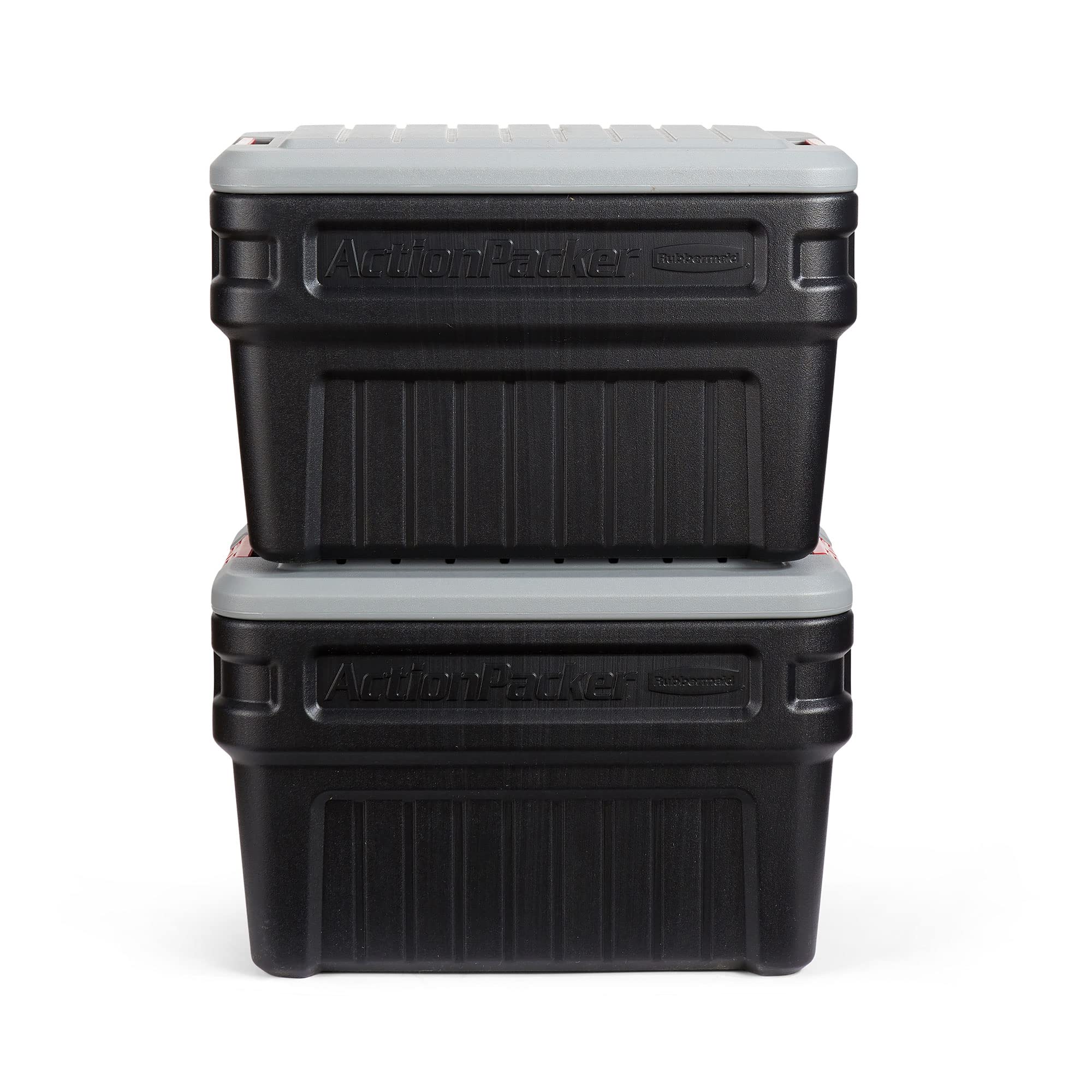 Rubbermaid ActionPacker lid detail highlighting grooved surface that repels water for dry storage