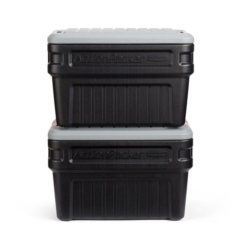 Rubbermaid ActionPacker lid detail highlighting grooved surface that repels water for dry storage