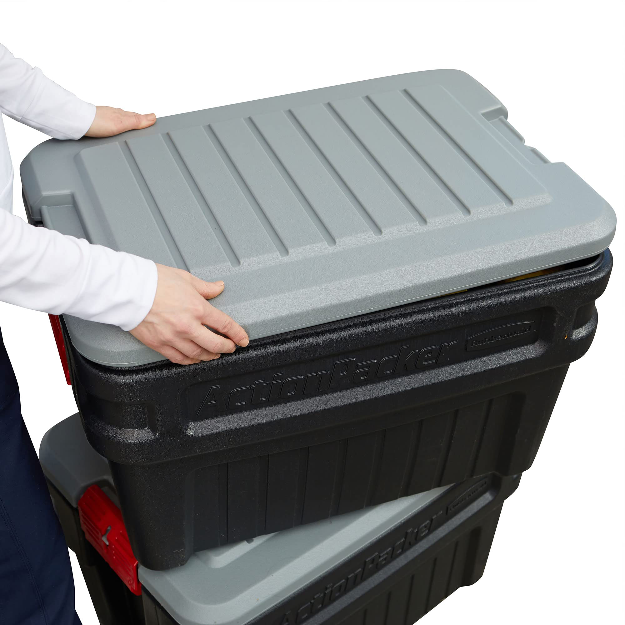 Rubbermaid ActionPacker at campsite with gear showing outdoor-ready protection and convenience