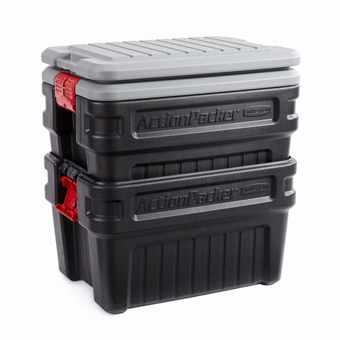 Rubbermaid ActionPacker lockable latch close-up showing padlock hole to secure contents while traveling