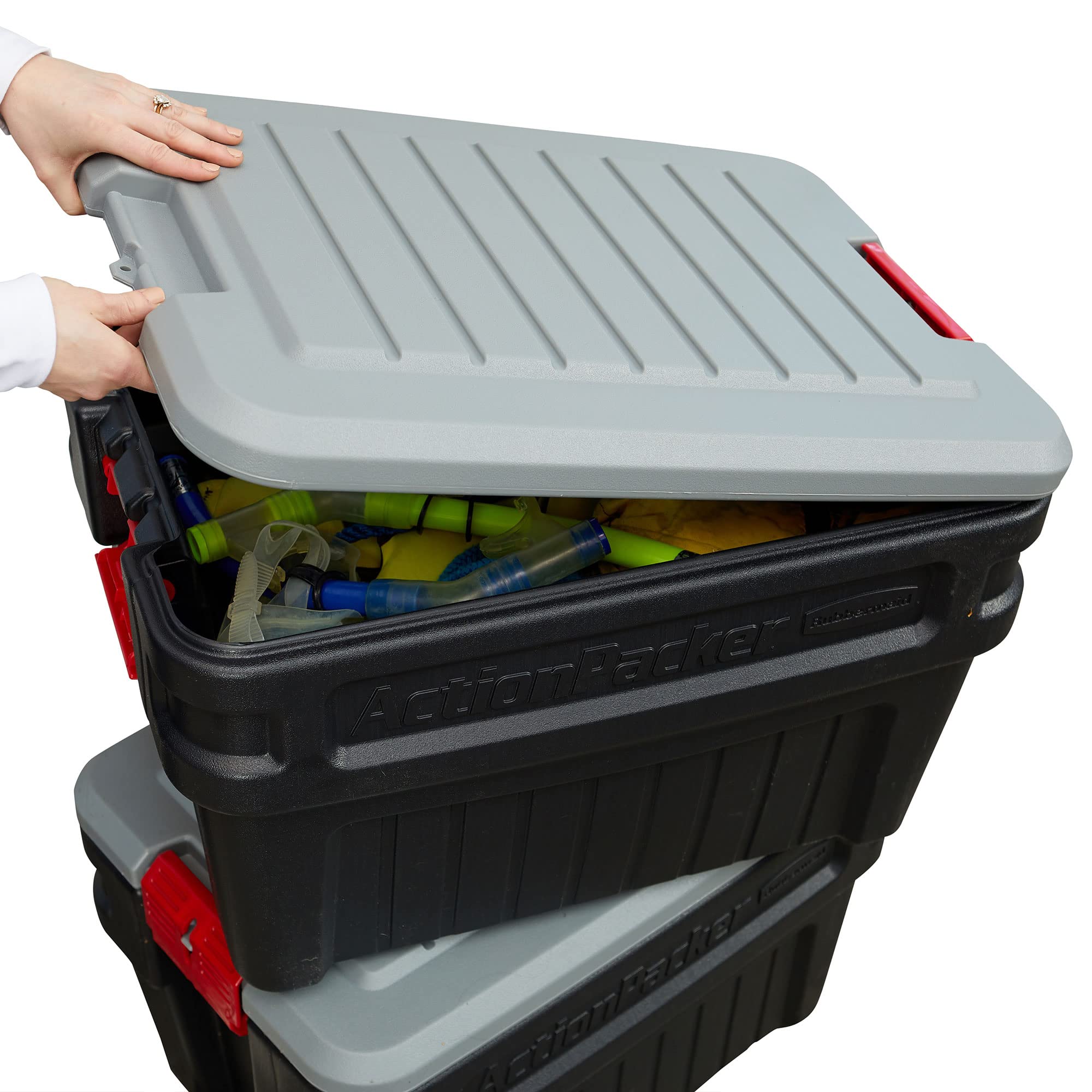 Rubbermaid ActionPacker open with organized gear inside showing easy-access organization benefit