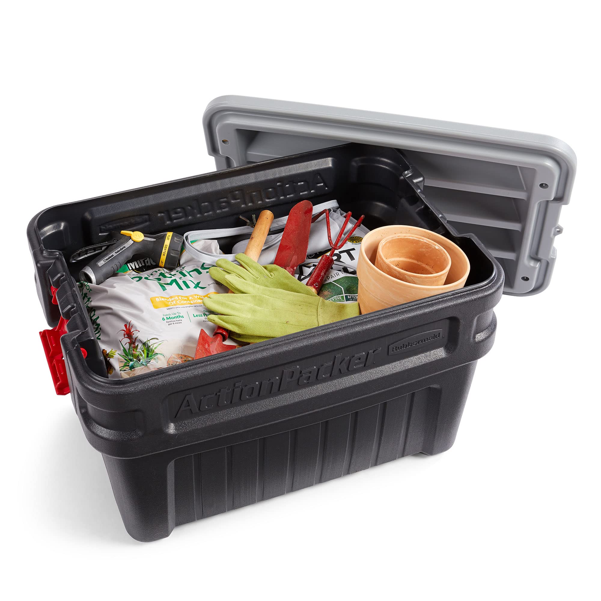Rubbermaid ActionPacker next to common objects for size comparison showing 24-gallon capacity