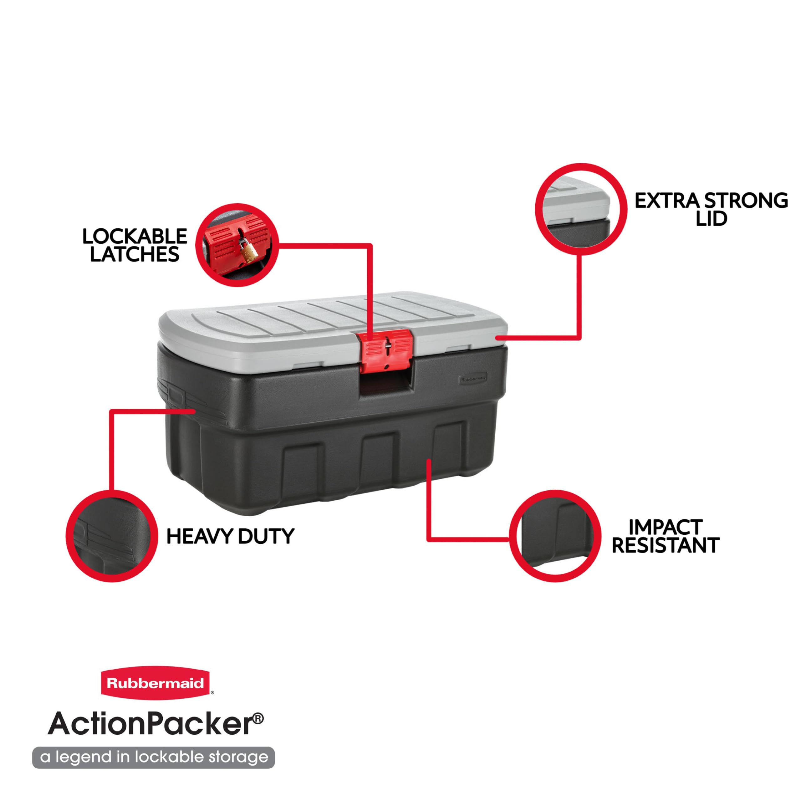 Rubbermaid ActionPacker next to tape measure showing dimensions for packing ease