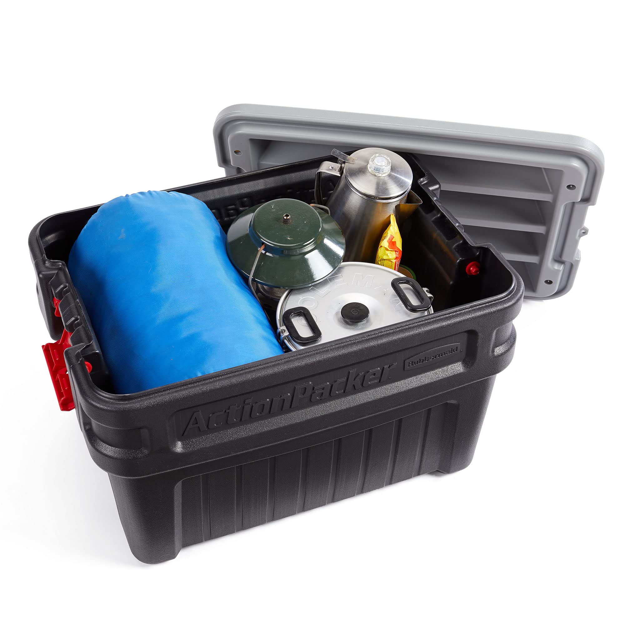 Rubbermaid ActionPacker stacked bins demonstrating stable stacking that saves space in storage