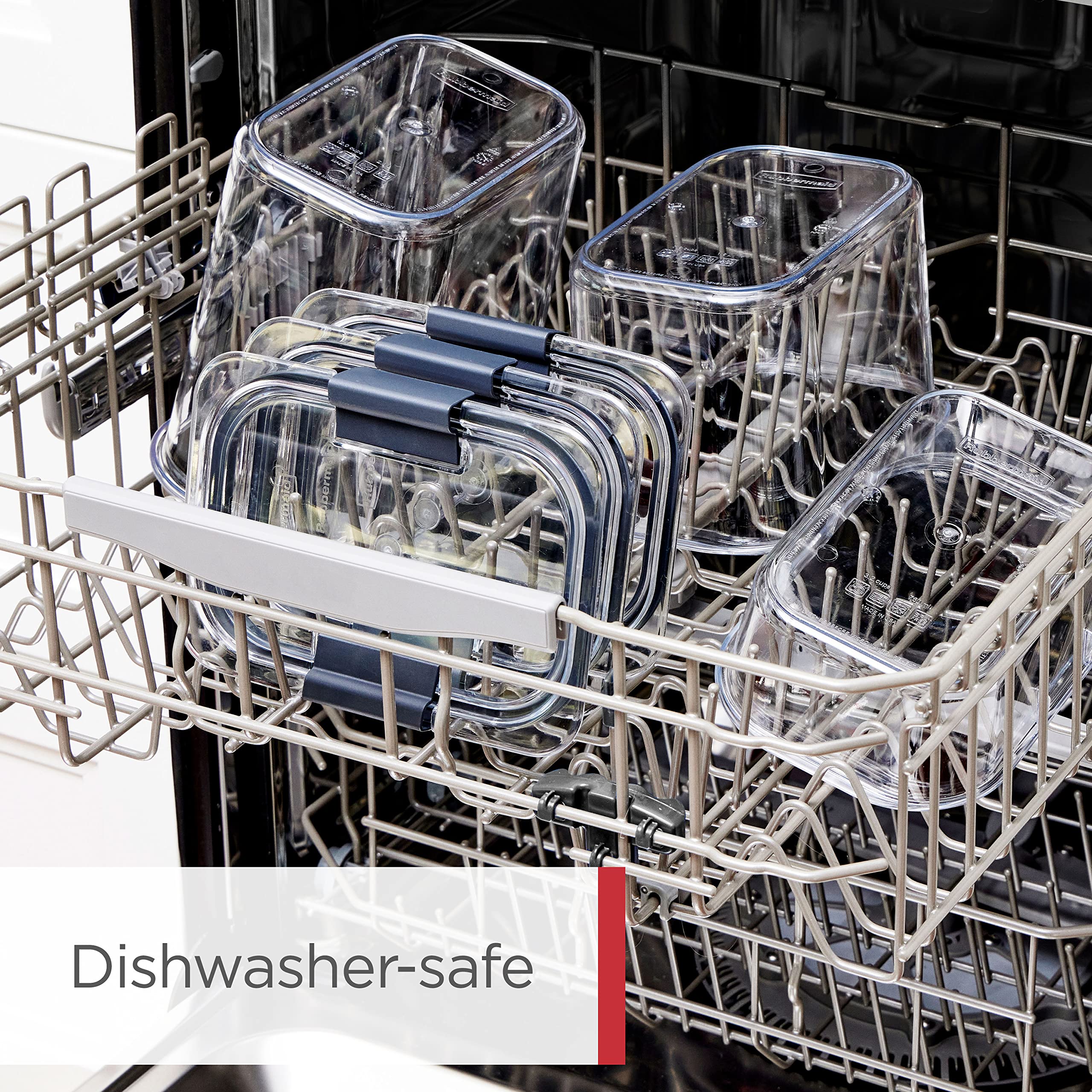 Rubbermaid Brilliance containers filled with flour pasta and sugar for quick ingredient access