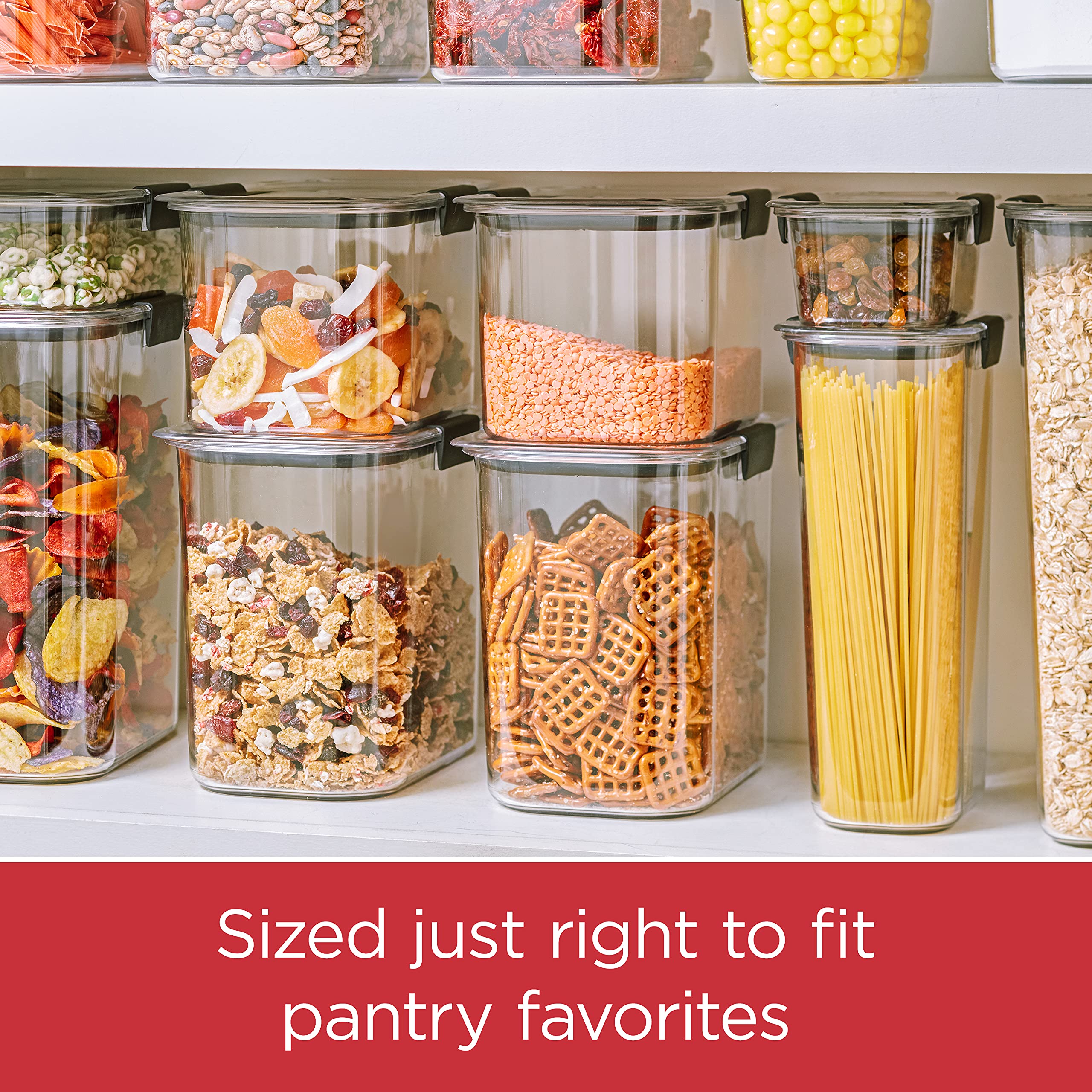 Rubbermaid clear container filled with pasta for quick content identification benefit