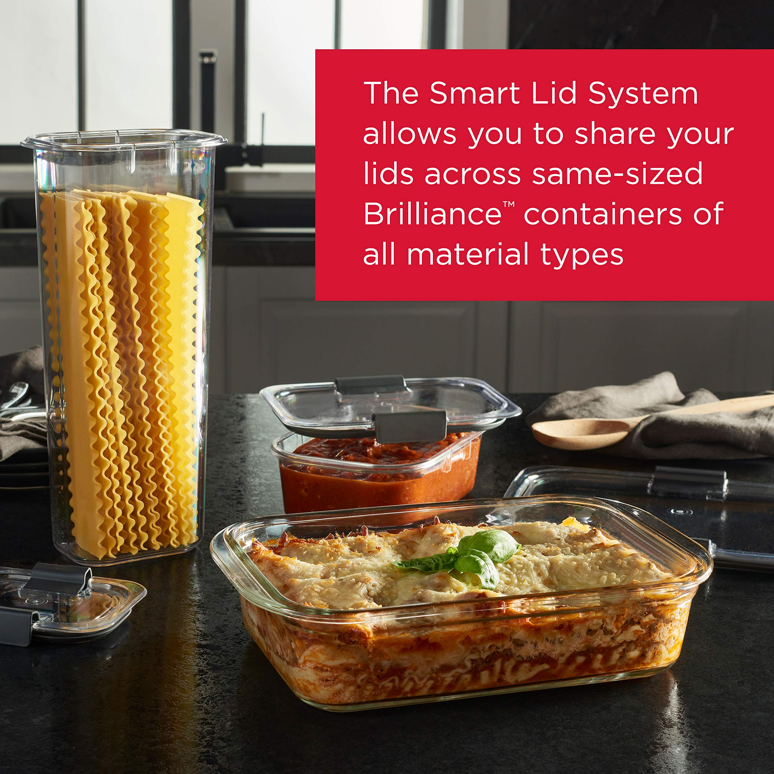 Rubbermaid Brilliance stacked containers inside fridge saving space and organizing food