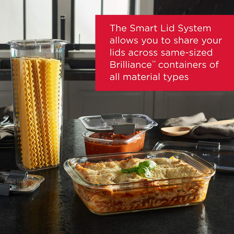 Rubbermaid Brilliance stacked containers inside fridge saving space and organizing food