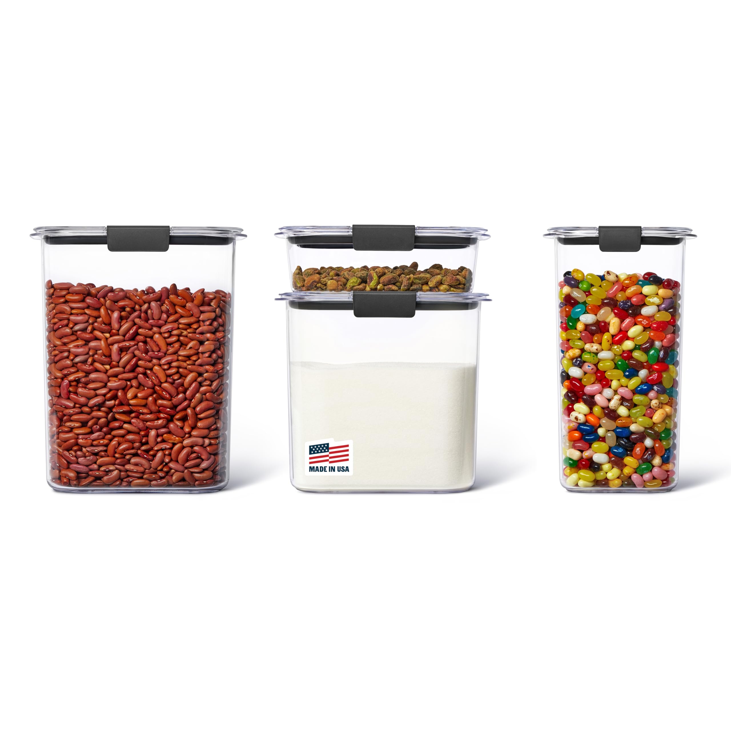 Rubbermaid Brilliance front packaging showing clear containers and labels, easy pantry setup