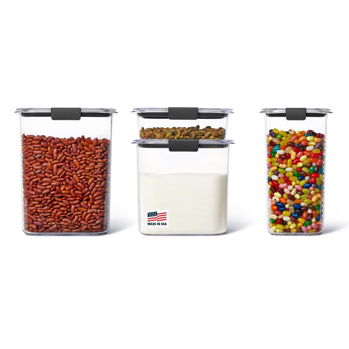 Rubbermaid Brilliance front packaging showing clear containers and labels, easy pantry setup