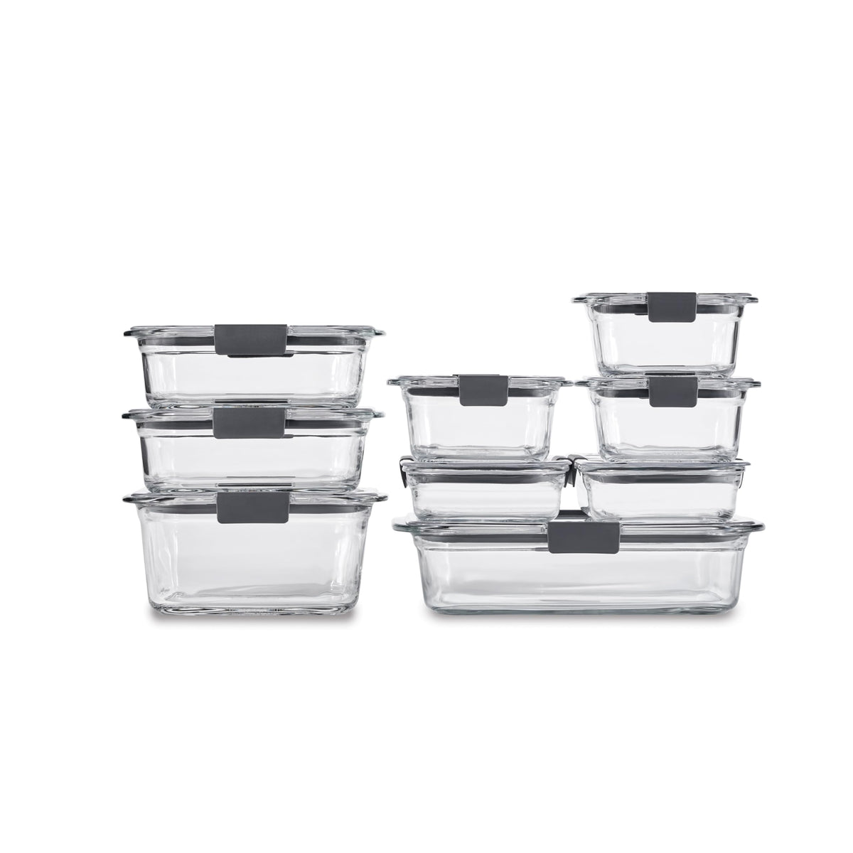 Rubbermaid Brilliance front packaging showing complete nine-piece set and stackability benefit