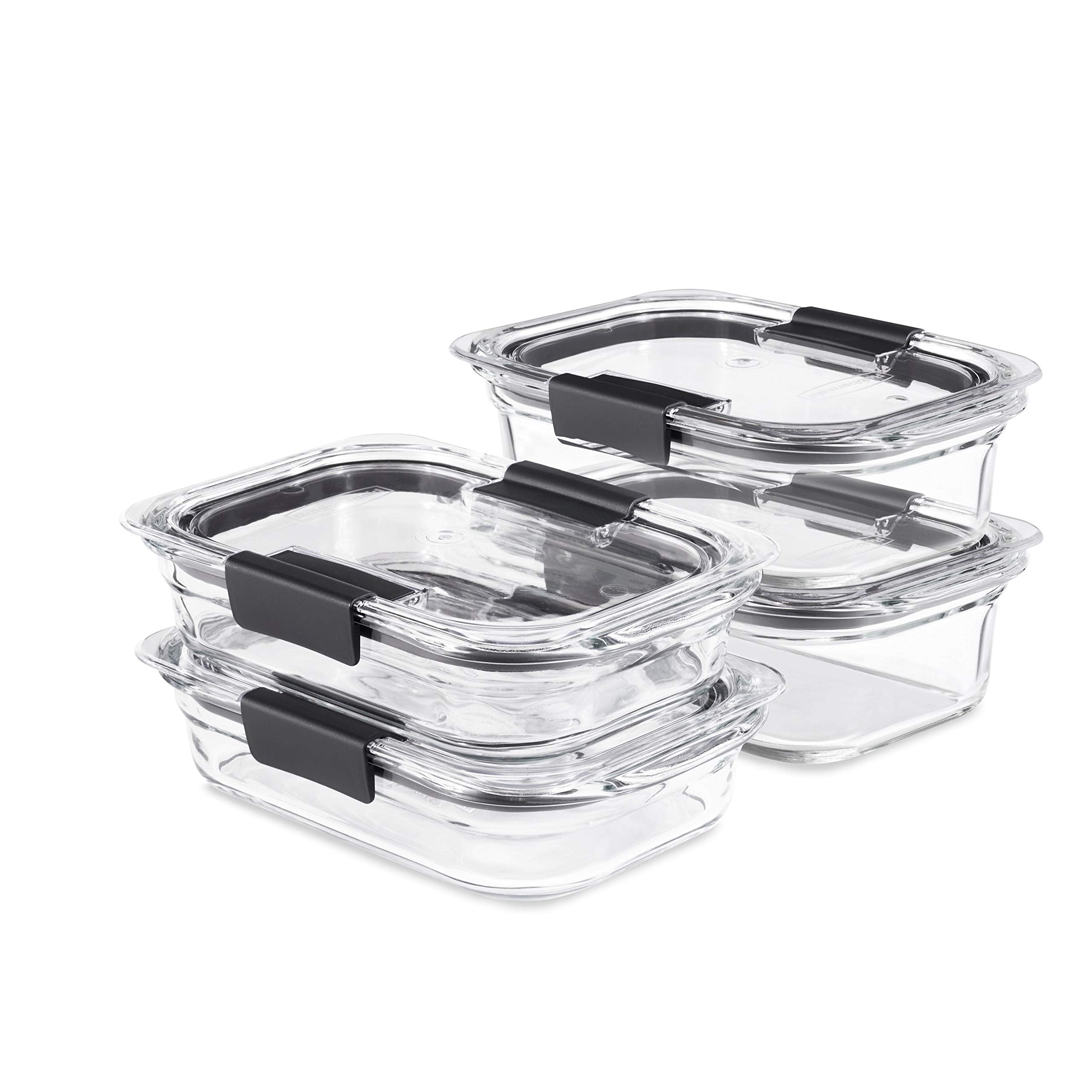 Rubbermaid Brilliance front view showing clear lids and secure latches for leakproof storage