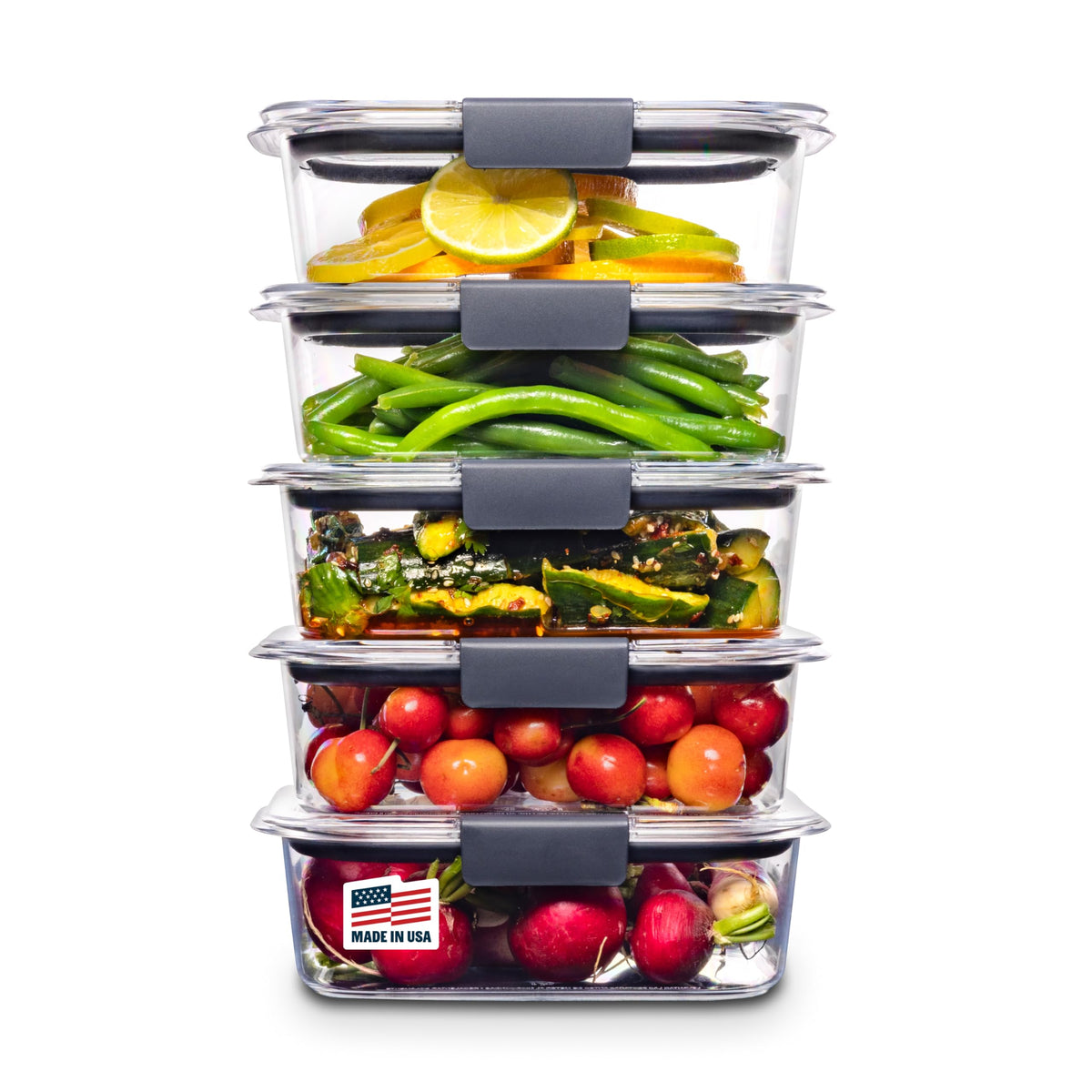 Rubbermaid Brilliance front view showing airtight lid and clear Tritan benefit visible