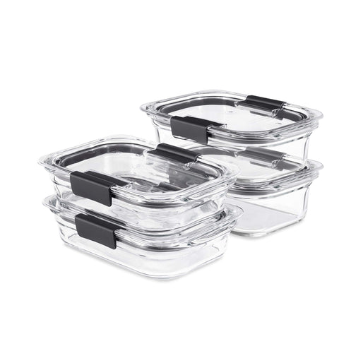 Rubbermaid Brilliance front view showing clear lids and secure latches for leakproof storage