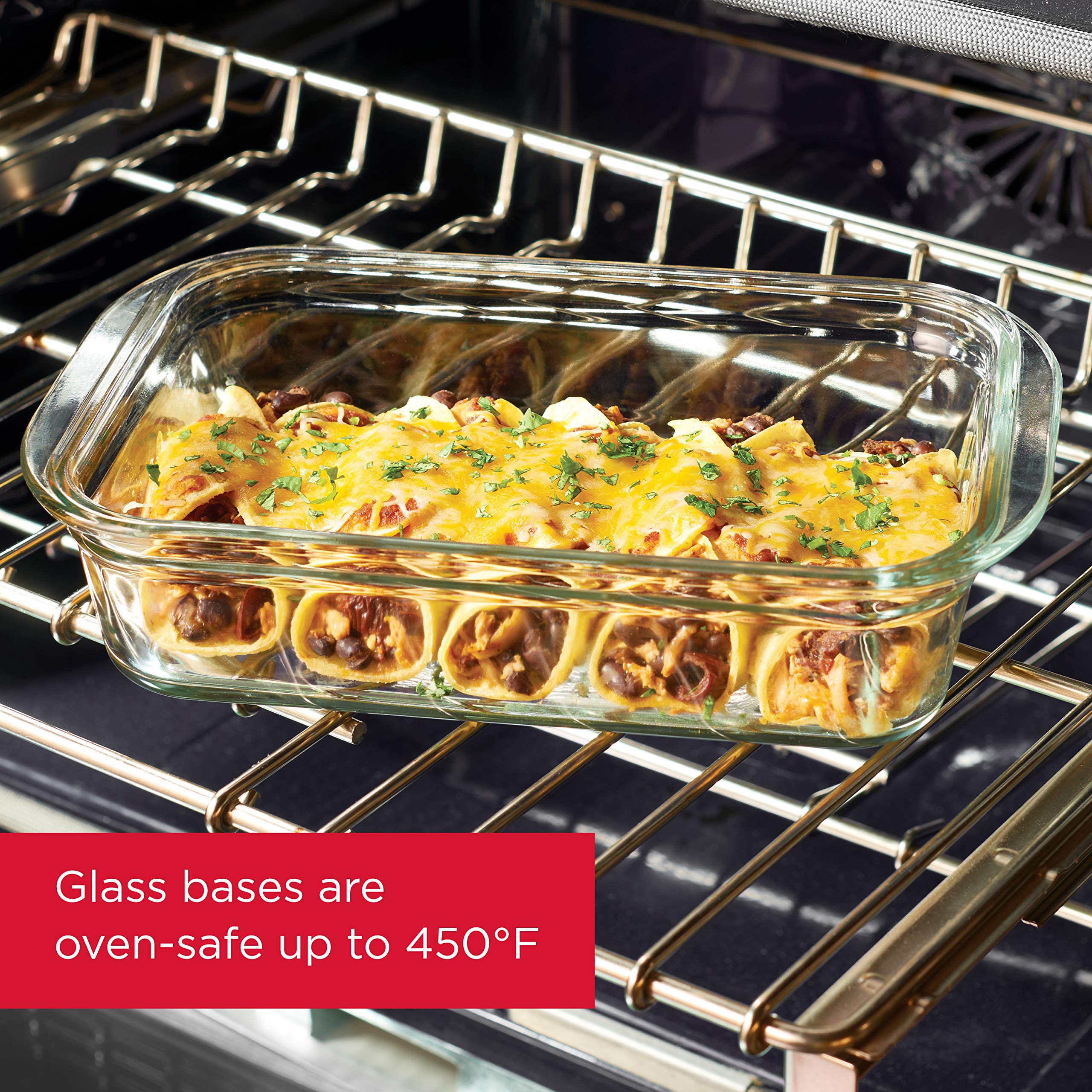 Rubbermaid Brilliance glass base in oven demonstrating oven-safe up to 450°F benefit