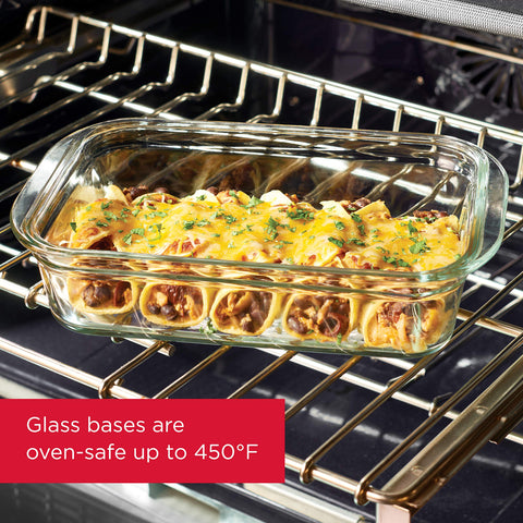 Rubbermaid Brilliance glass base in oven demonstrating oven-safe up to 450°F benefit