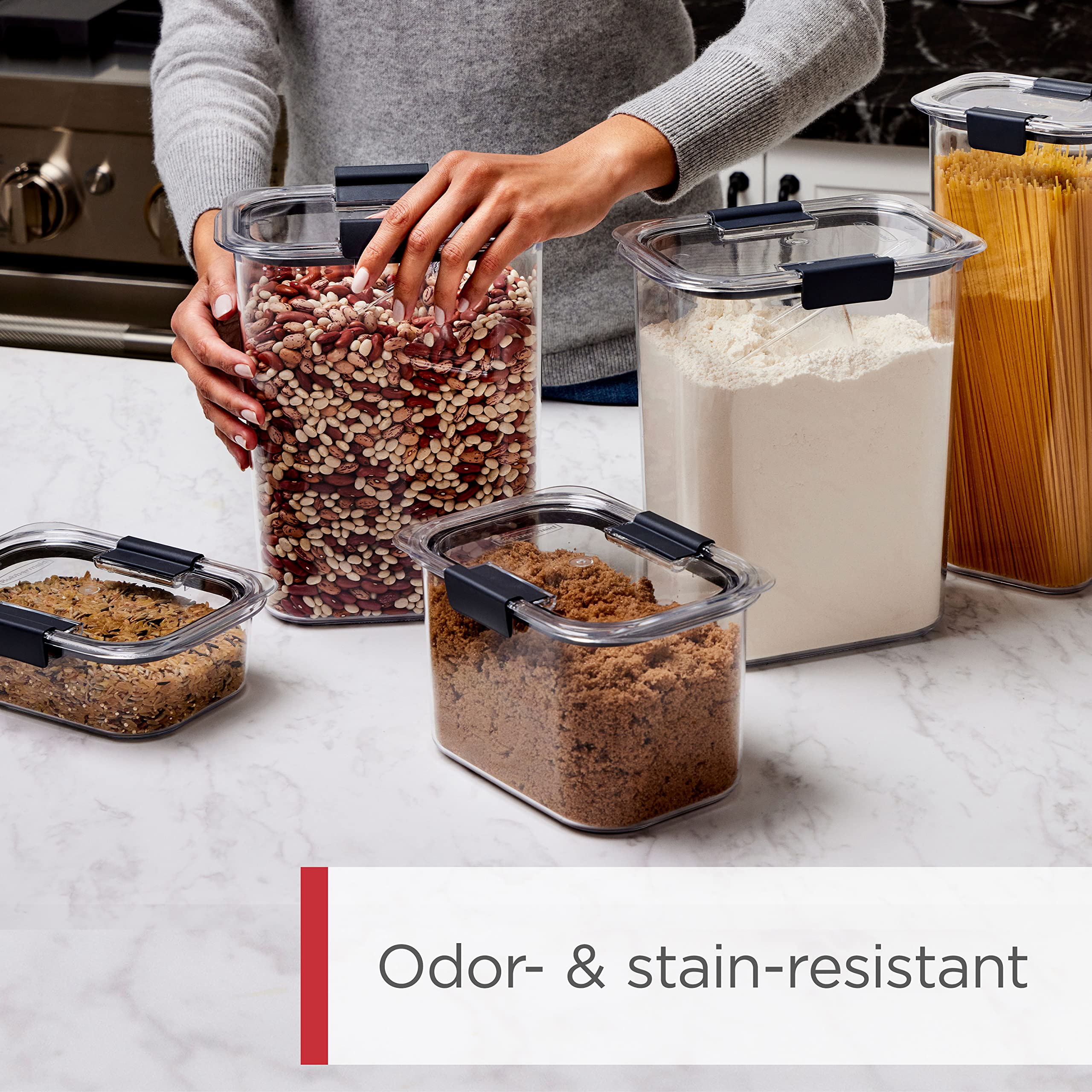 Rubbermaid Brilliance size comparison displaying 16 to 0.5 cup containers for planning storage