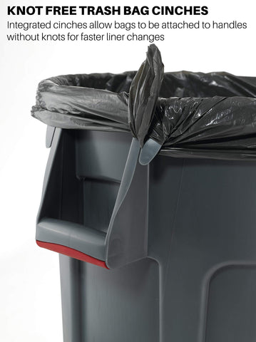 Rubbermaid BRUTE reinforced base detail demonstrating rugged construction for dragging over rough surfaces