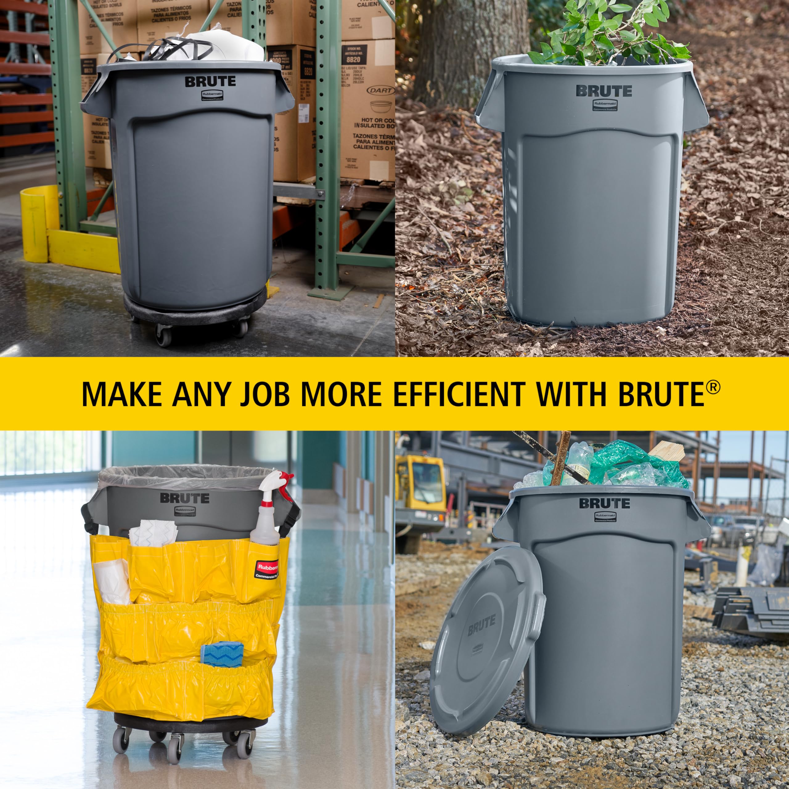 Rubbermaid BRUTE beside pallet showing scale and large-capacity benefit