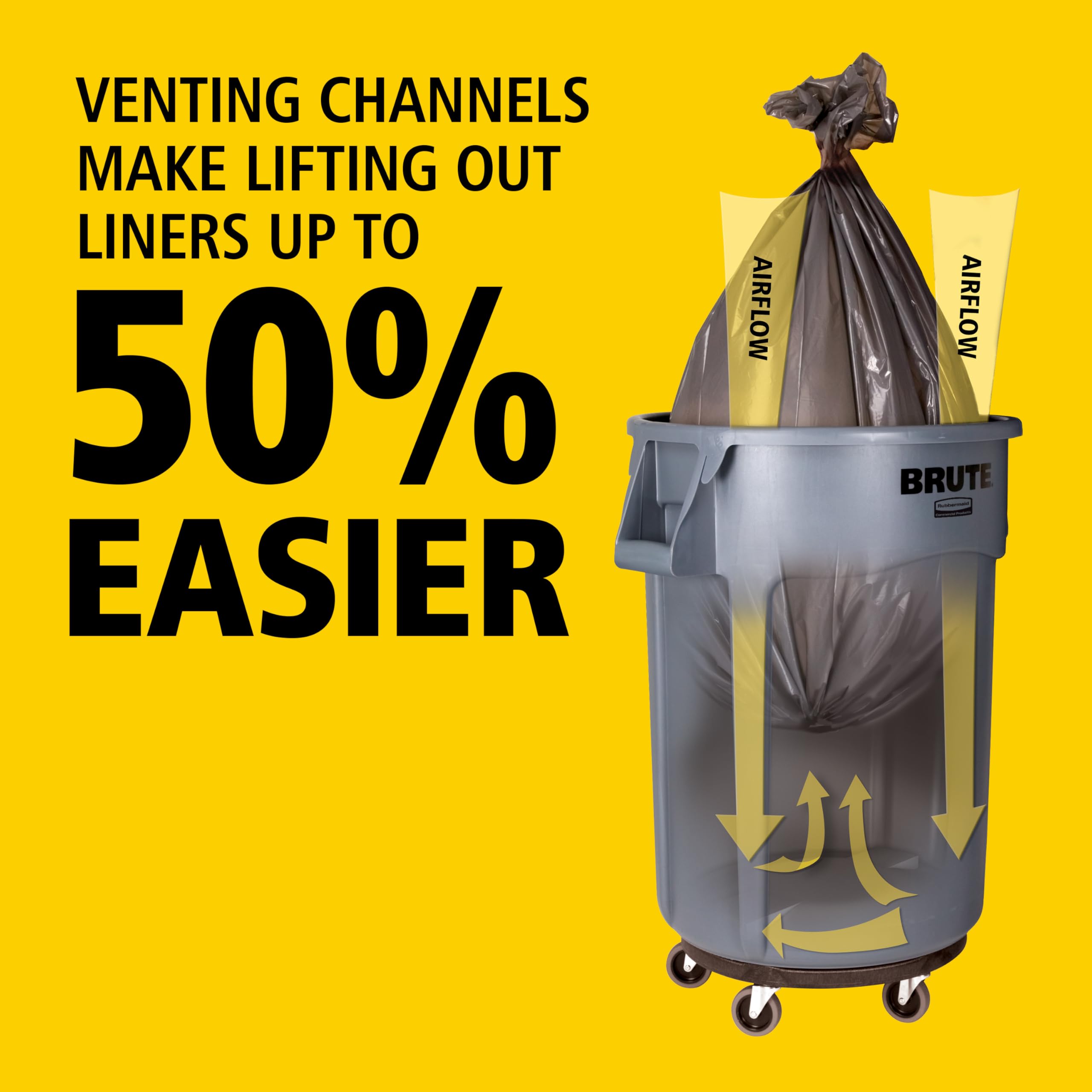 Rubbermaid BRUTE venting channel close-up reducing suction for easier lifts