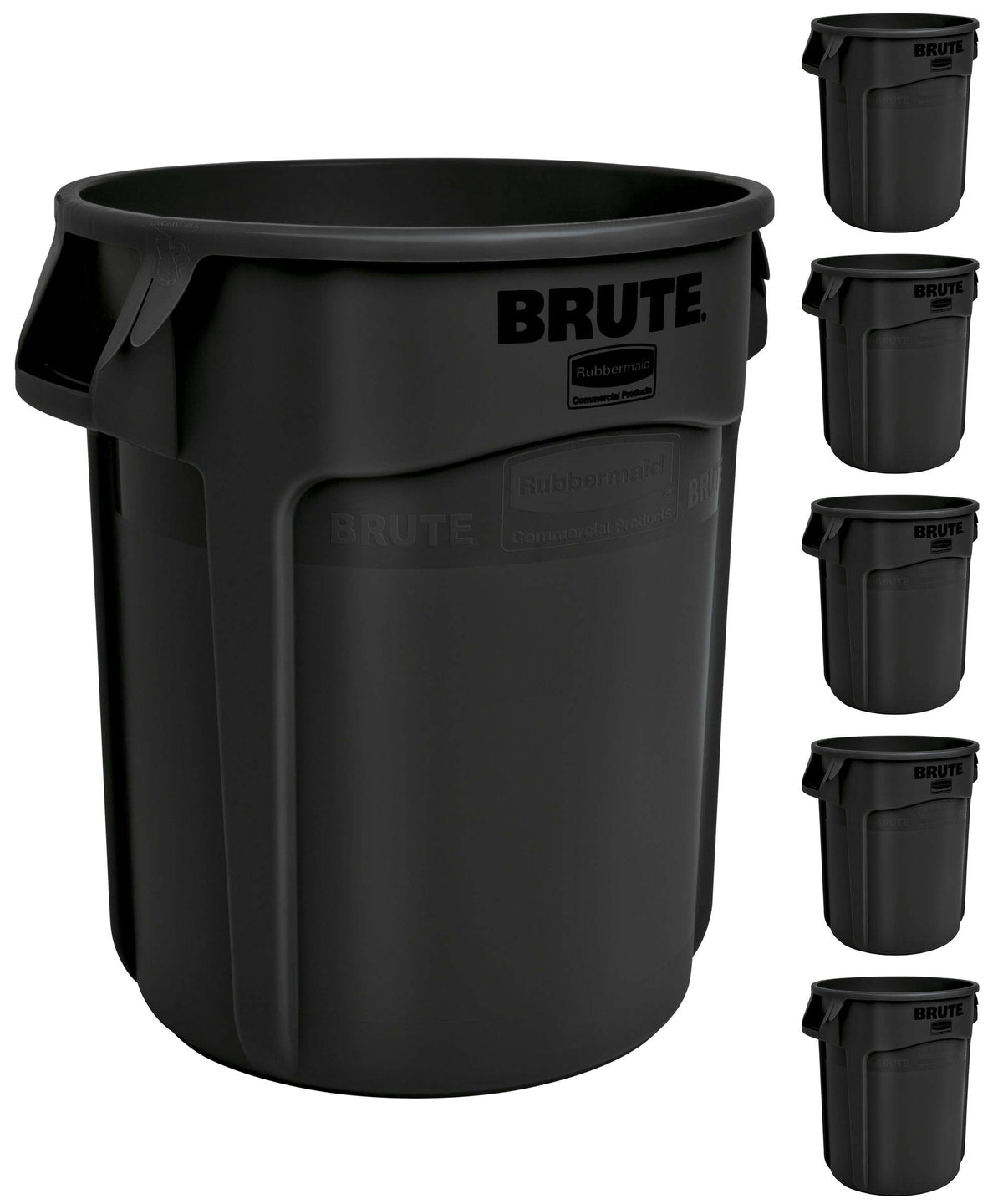 Rubbermaid BRUTE front view showing compact shape and durable shell for reliable waste pickup
