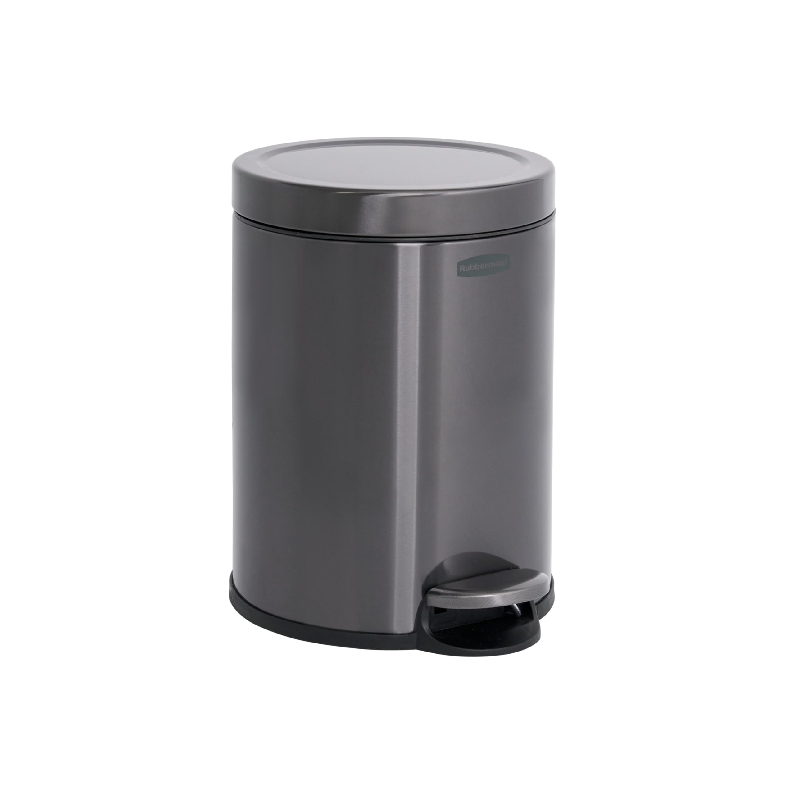 Rubbermaid front view of charcoal stainless-steel can showing compact design and tidy look