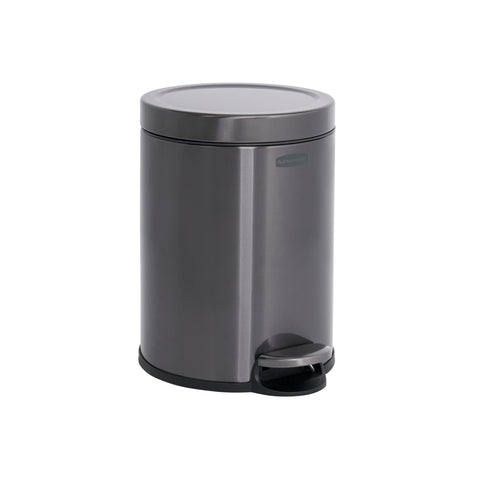 Rubbermaid front view of charcoal stainless-steel can showing compact design and tidy look