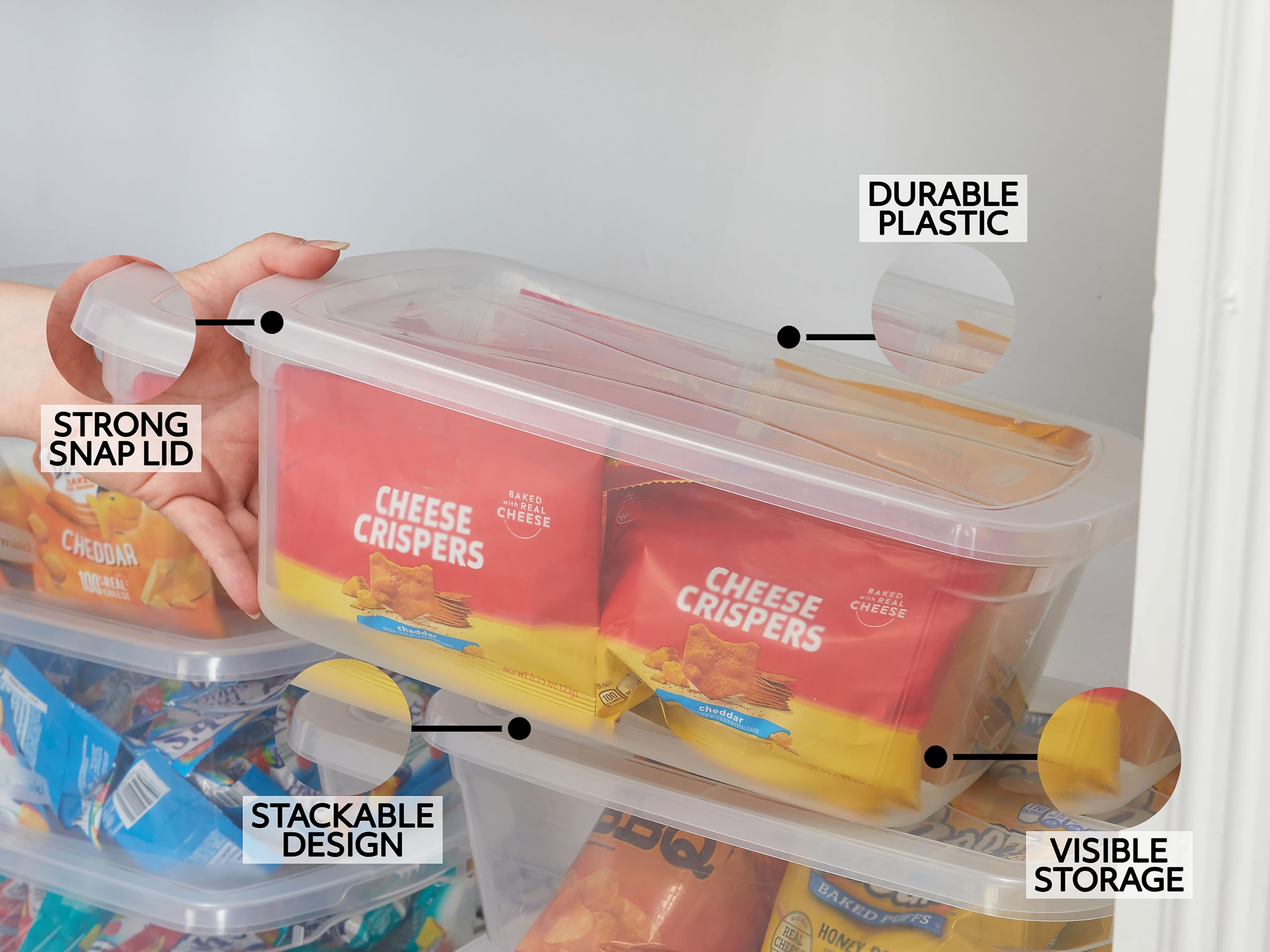 Rubbermaid clear bin with contents visible for fast identification