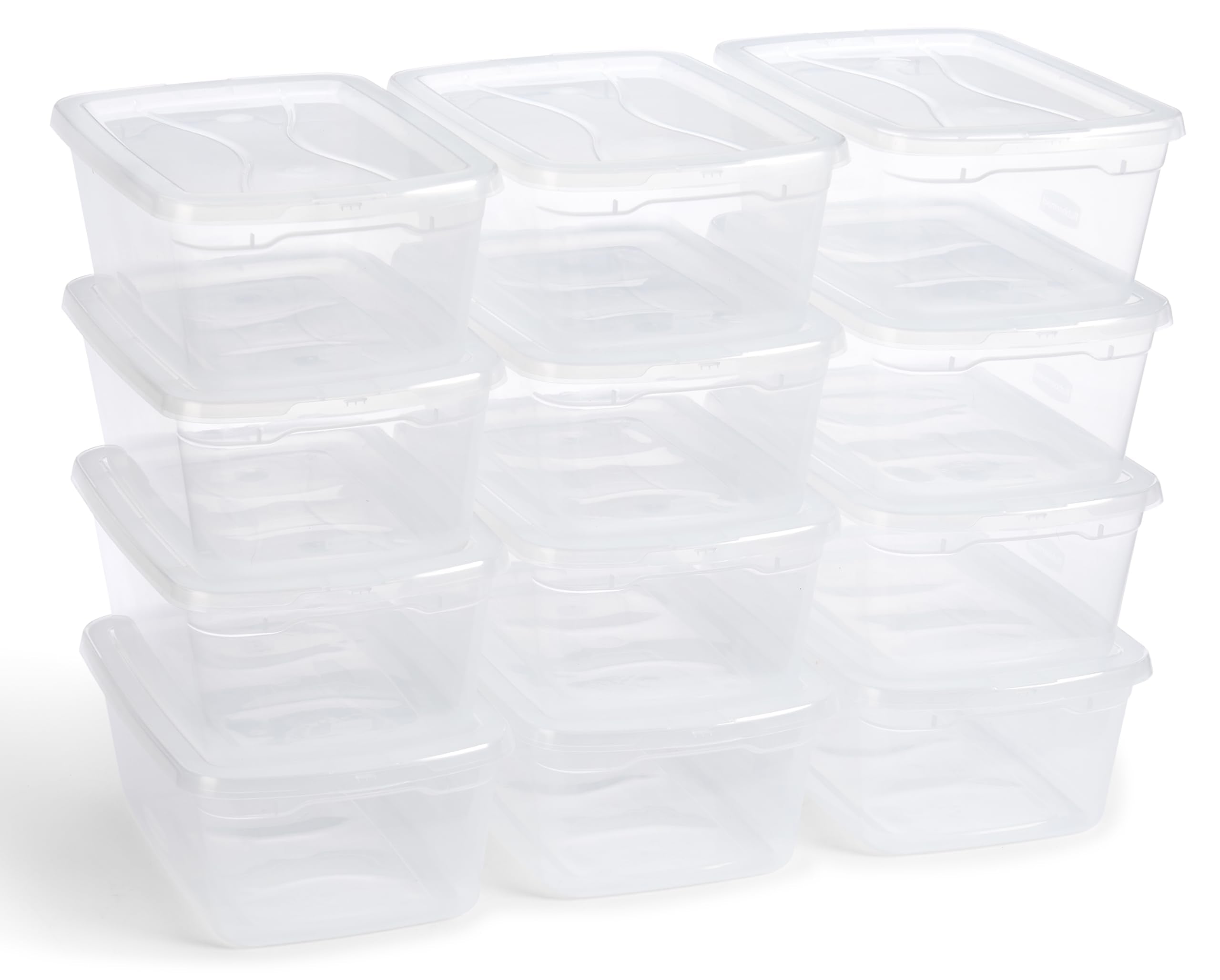 Rubbermaid front view of 12‑pack showing uniform clear bins for tidy storage