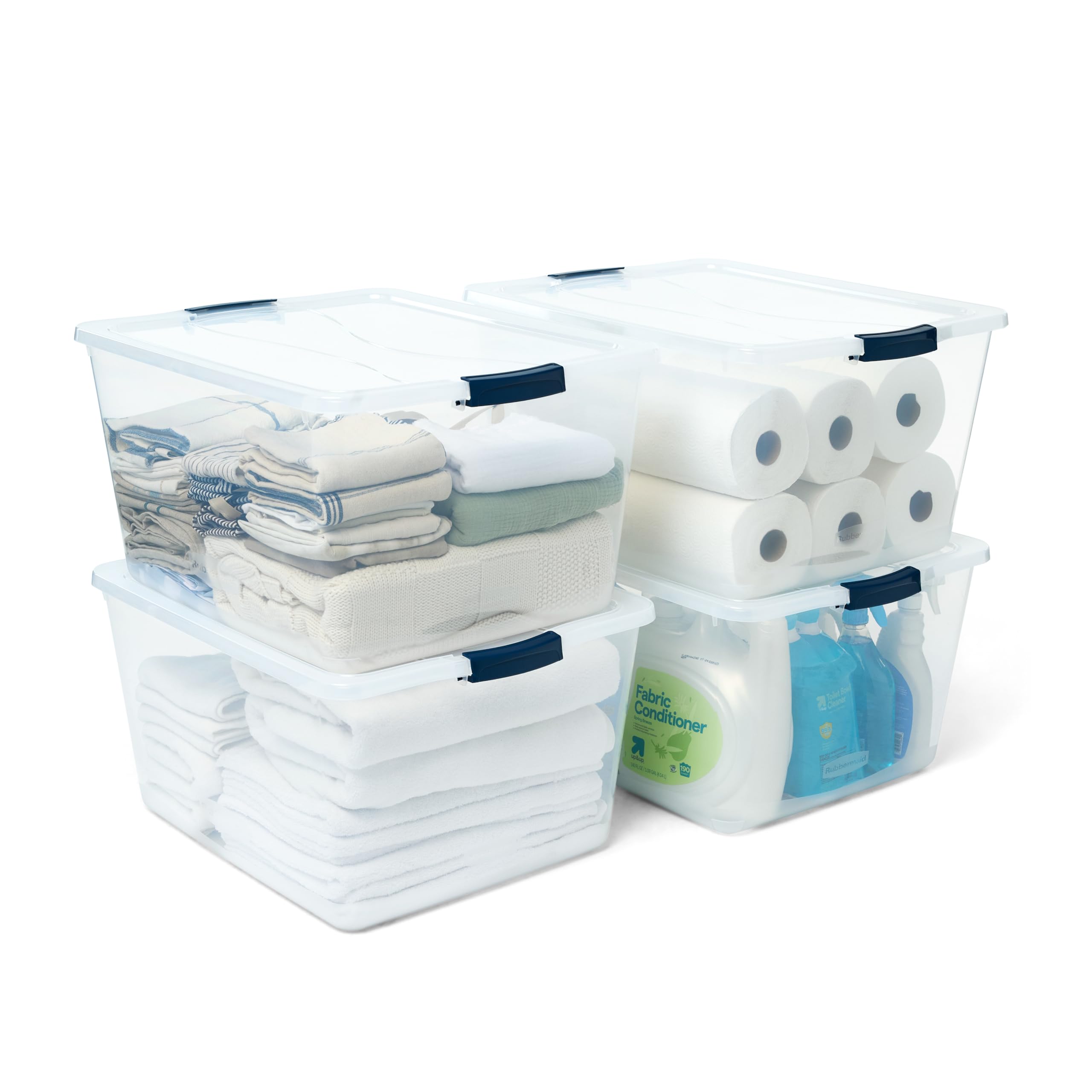 Rubbermaid front view of 71 qt bin pack shows clear visibility benefit